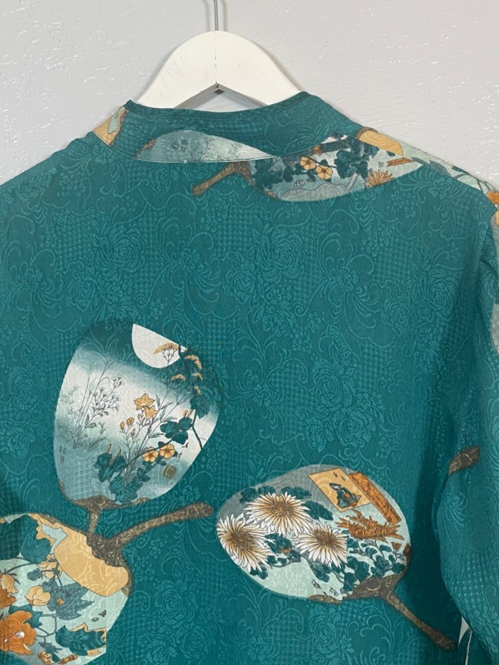 Citron Santa Monica Women M Teal Silk Blouse Hand Mirror Print Mandarin Collar - Picture 8 of 10